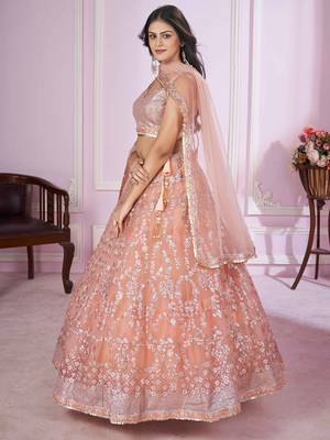beige sequins net lehenga set choli with dupatta with dupatta 3