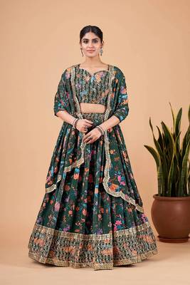 Bottle Green Faux Georgette Lehenga Choli Set With Dupatta 1