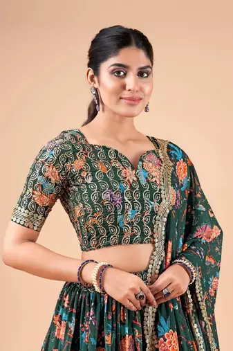 Bottle Green Faux Georgette Lehenga Choli Set With Dupatta