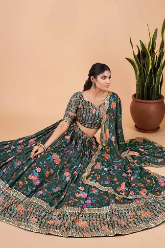 Bottle Green Faux Georgette Lehenga Choli Set With Dupatta