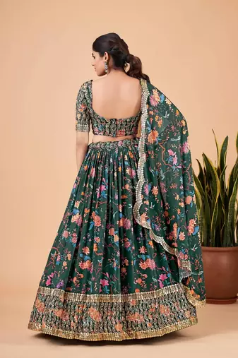 Bottle Green Faux Georgette Lehenga Choli Set With Dupatta