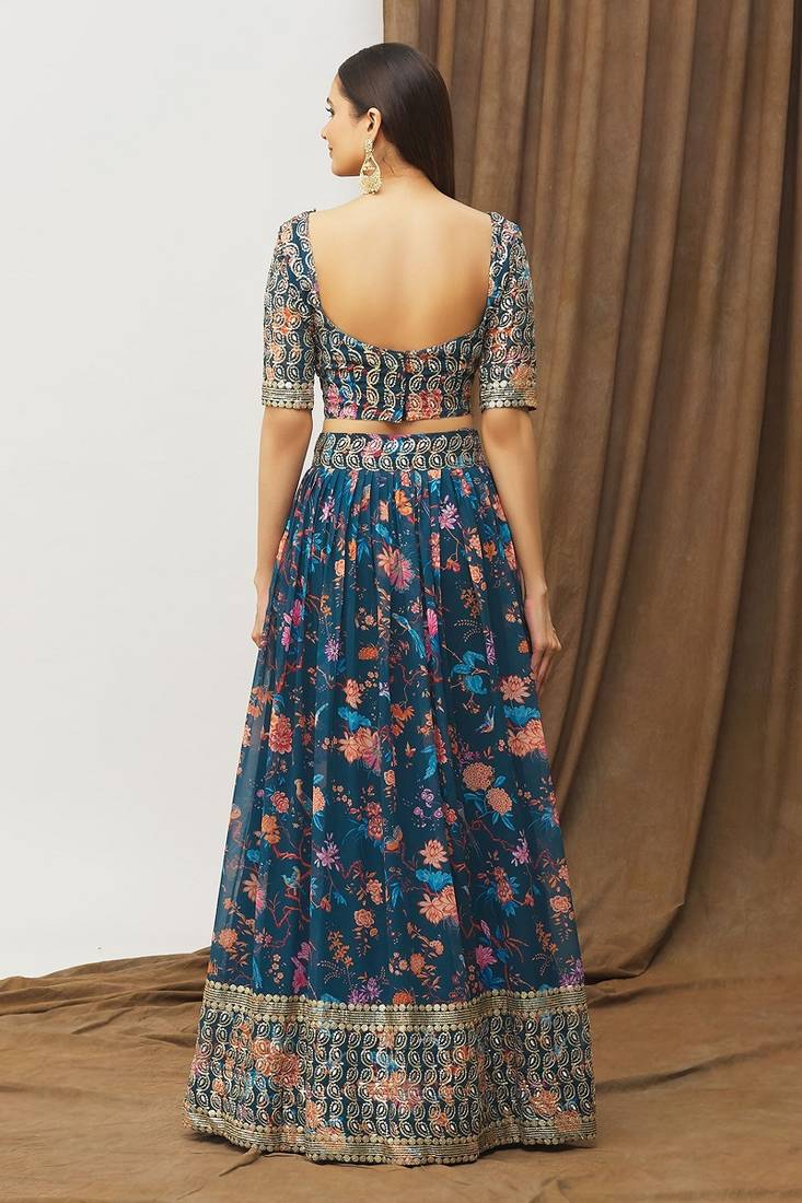 Navy Blue Faux Georgette Lehenga Choli Set With Dupatta