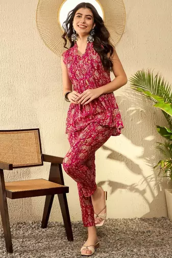 women red rayon blend ikat printed co-ord sets