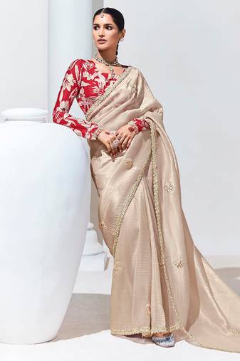 Cream Embroidered Sequence Work Saree For Festival