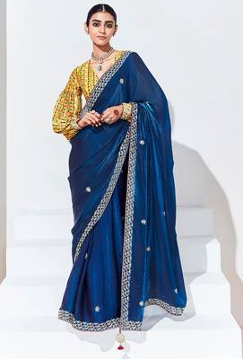 Dark Blue Tissue Organza Embroidered Sequence Work Saree 1
