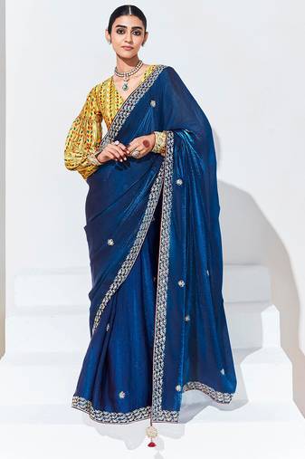 Dark Blue Embroidered Sequence Work Saree For Festival