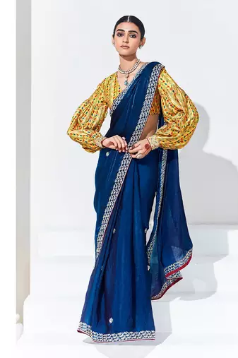 Dark Blue Tissue Organza Embroidered Sequence Work Saree