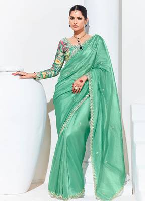 Light Cyan Tissue Organza Embroidered Saree For Festival 1