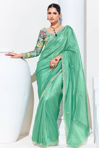 Light Cyan Embroidered Sequence Work Saree For Festival