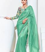 Light Cyan Embroidered Sequence Work Saree For Festival