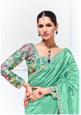 Light Cyan Tissue Organza Embroidered Saree For Festival 2