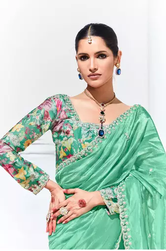 Light Cyan Tissue Organza Embroidered Saree For Festival