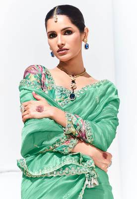 Light Cyan Tissue Organza Embroidered Saree For Festival 4