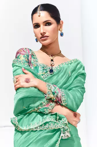 Light Cyan Tissue Organza Embroidered Saree For Festival