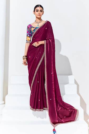 Plum Embroidered Sequence Work Saree For Festival