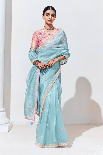 Sky Blue Embroidered Sequence Work Saree For Festival