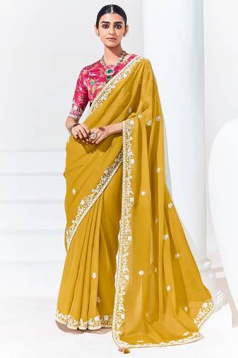 Mustard Embroidered Sequence Work Saree For Festival