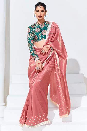 Peach Embroidered Sequence Work Saree For Festival