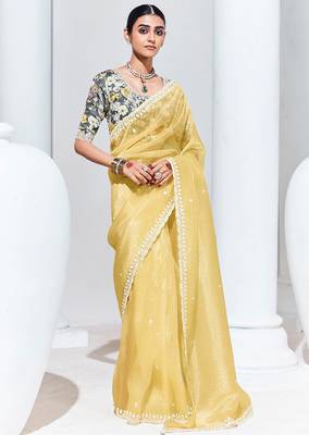 Light Yellow Tissue Organza Embroidered Saree 1