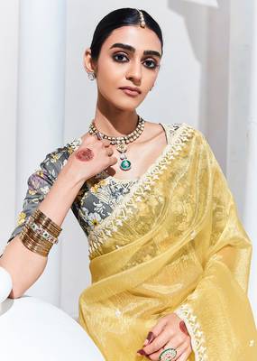 Light Yellow Tissue Organza Embroidered Saree 2