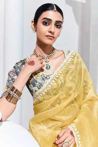 Light Yellow Tissue Organza Embroidered Saree