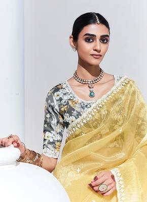 Light Yellow Tissue Organza Embroidered Saree 3