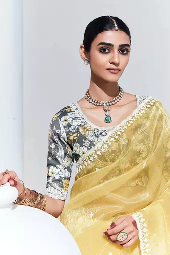 Light Yellow Tissue Organza Embroidered Saree