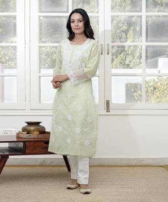 Green kota embroidered chikankari round floral kurta 1
