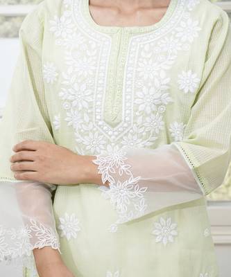Green kota embroidered chikankari round floral kurta 3