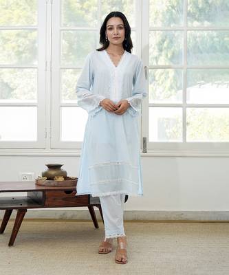 Blue cotton dobby lace kurta 1