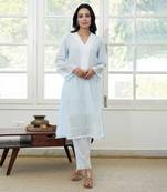 Blue cotton dobby lace kurta