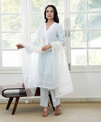 Blue cotton dobby lace kurta 2