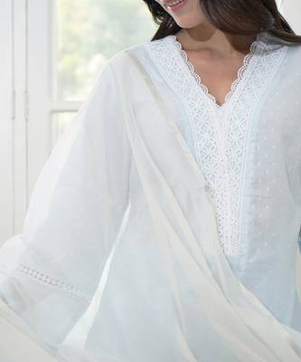 Blue cotton dobby lace kurta 4