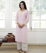 Pink cotton dobby embroidered chikankari round paisley kurta
