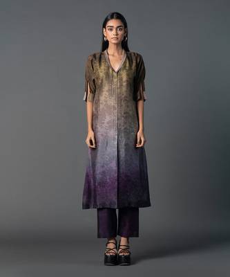 Brown & purple dupion silk printed a-line kurta set 1