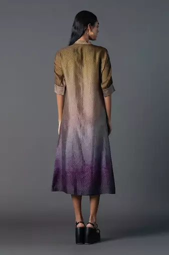 Brown & purple dupion silk printed a-line kurta set