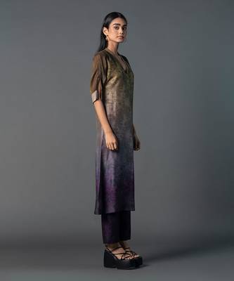 Brown & purple dupion silk printed a-line kurta set 3