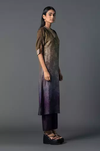 Brown & purple dupion silk printed a-line kurta set