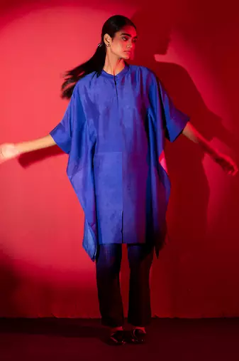 Deep blue dupion silk printed kurta sets