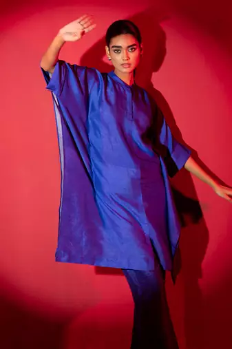 Deep blue dupion silk printed kurta sets