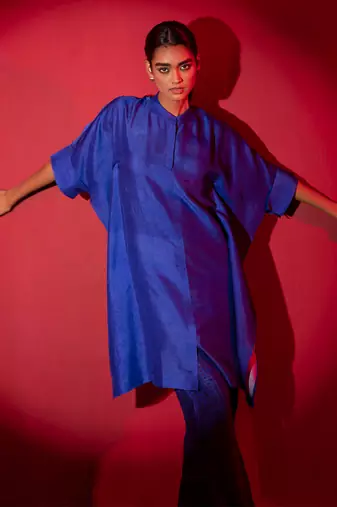 Deep blue dupion silk printed kurta sets