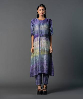 Deep purple dupion silk printed kurta sets 1