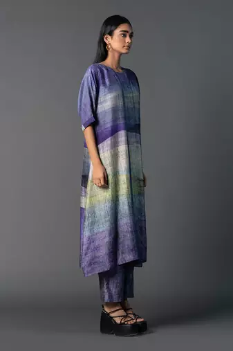 Deep purple dupion silk printed kurta sets