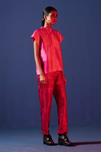 Bright pink dupion silk printed kurta sets