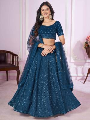  blue thread embroidery georgette party lehenga set choli with dupatta 1