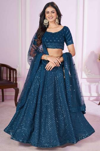 Fantastic Blue Thread Embroidery Georgette Sangeet Party Lehenga Choli