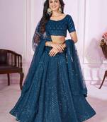  blue thread embroidery georgette party lehenga set choli with dupatta