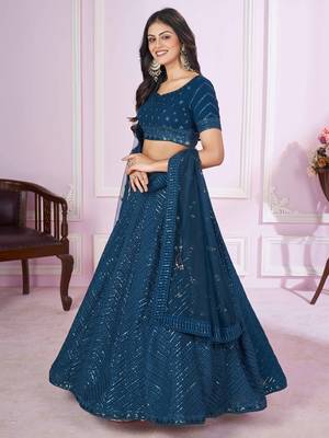  blue thread embroidery georgette party lehenga set choli with dupatta 2