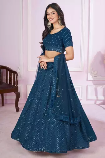  blue thread embroidery georgette party lehenga set choli with dupatta