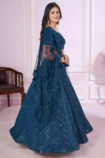  blue thread embroidery georgette party lehenga set choli with dupatta